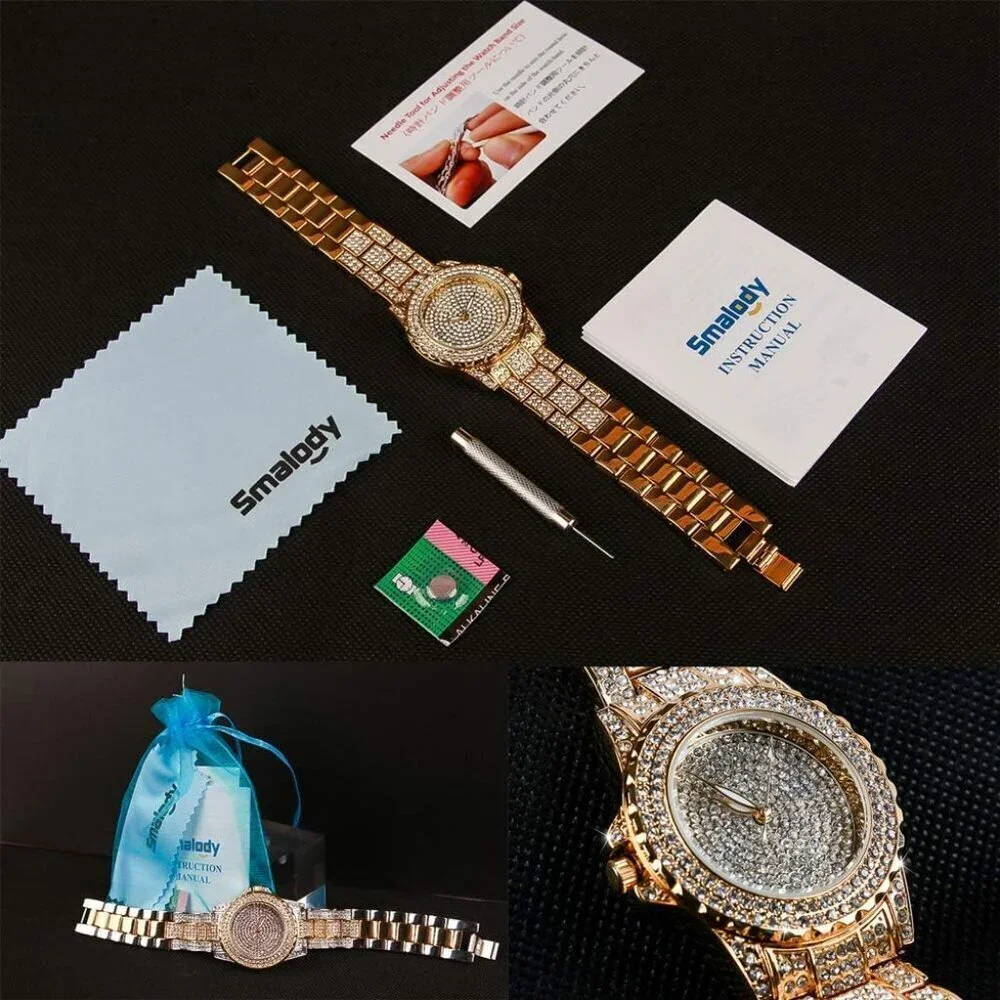 Women's Gold Crystal Rhinestone Diamond Stainless Steel Iced Out Wristwatch